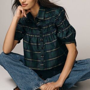 Anthropologie Green Plaid Button Down Shirt